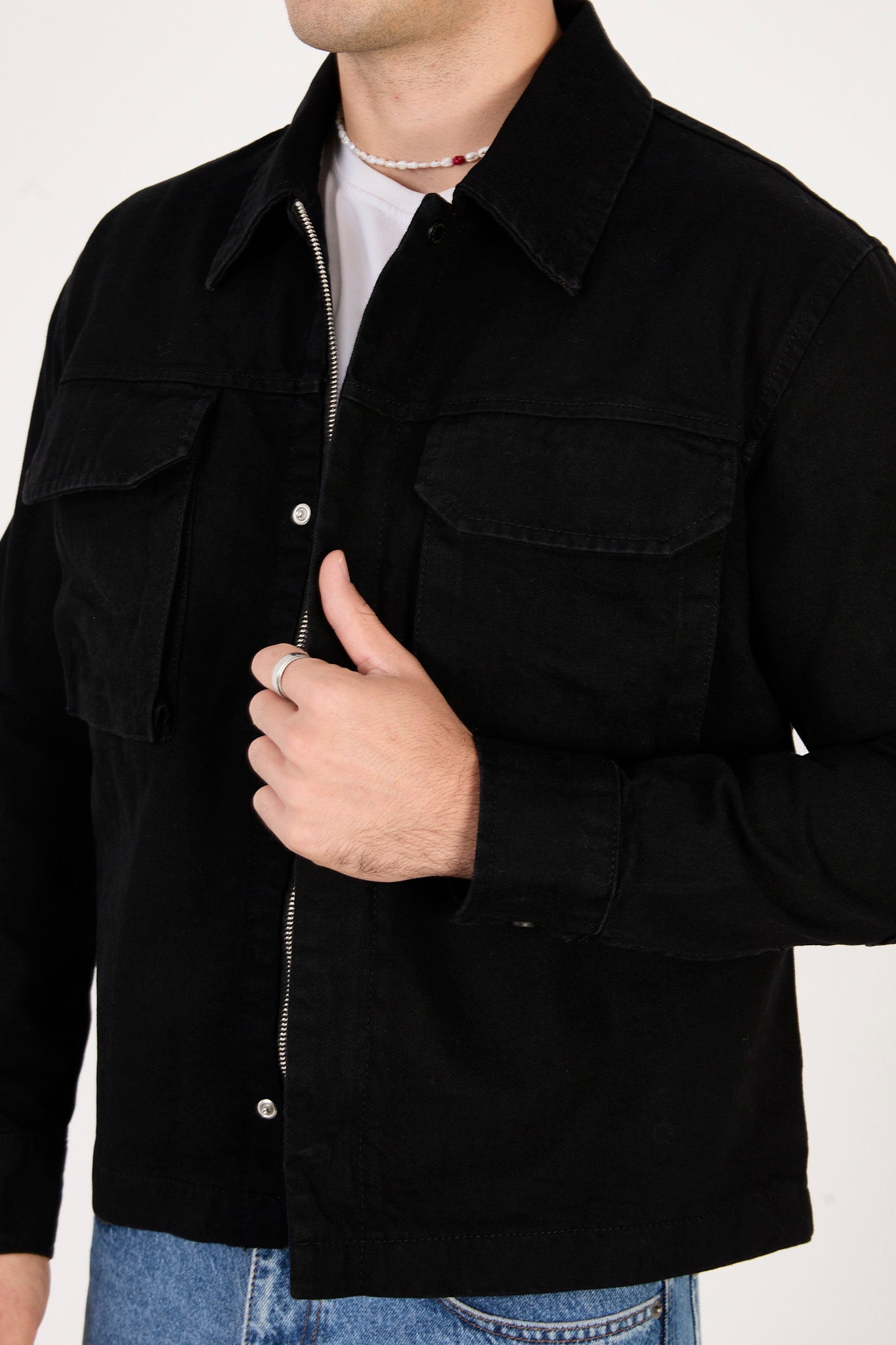 X-2030 Men’s Black Denim Jacket with Utility Pockets