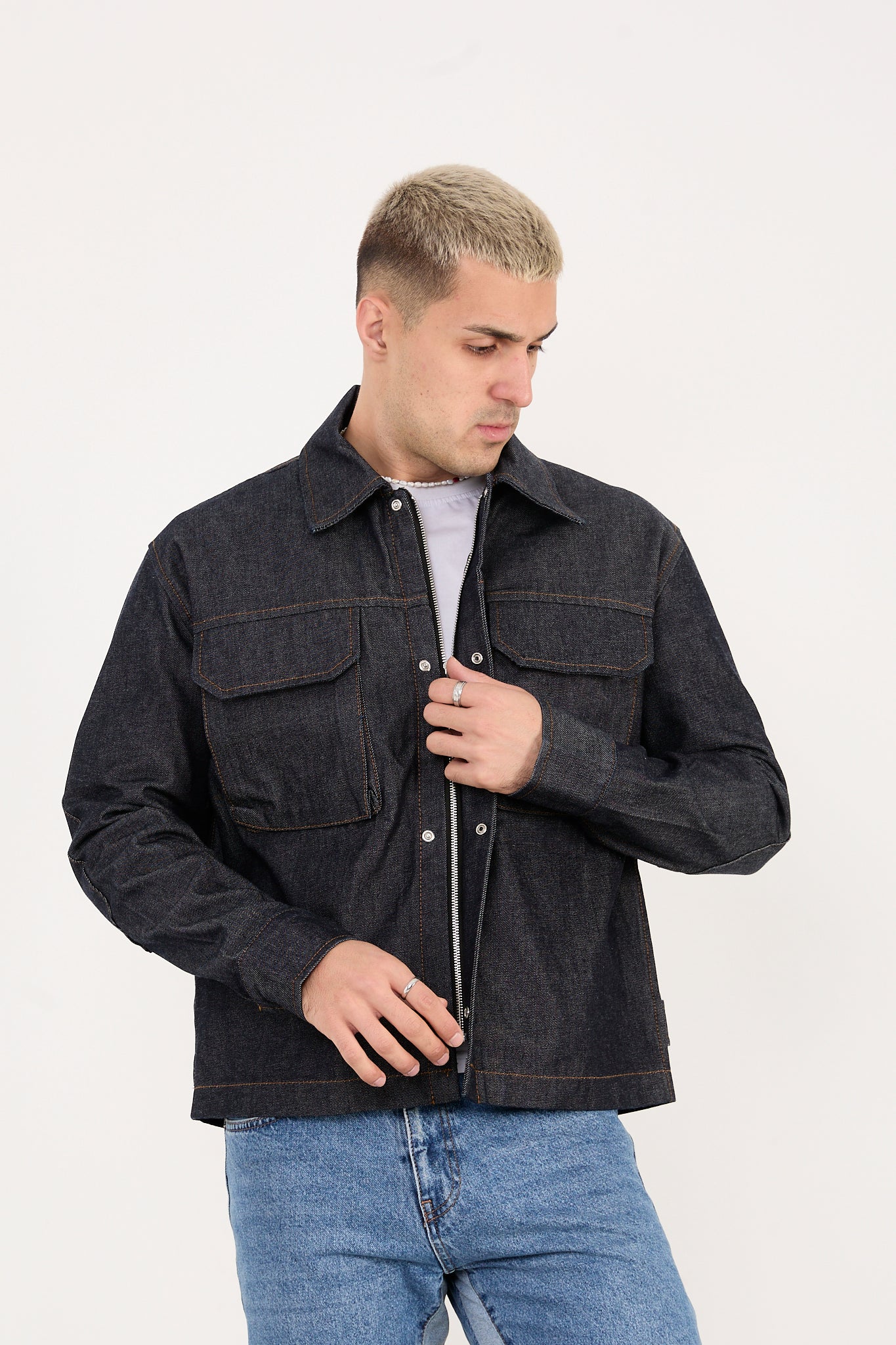 X-2030 Men’s Denim Jacket with Zip & Snap Closure