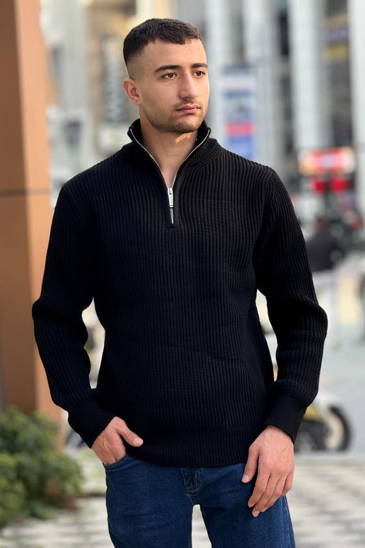 X-5003 Men’s Black Half-Zip Ribbed Knit Sweater