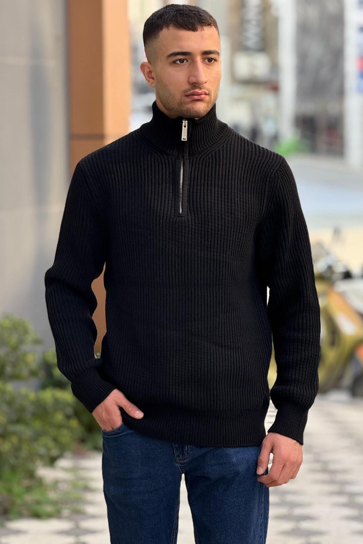 X-5003 Men’s Black Half-Zip Ribbed Knit Sweater