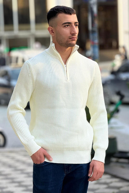 X-5003 Men’s Cream Half-Zip Ribbed Knit Sweater