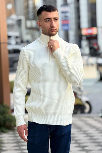 X-5003 Men’s Cream Half-Zip Ribbed Knit Sweater