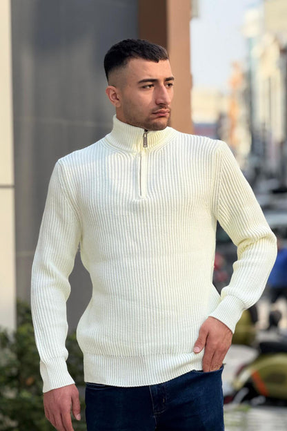 X-5003 Men’s Cream Half-Zip Ribbed Knit Sweater