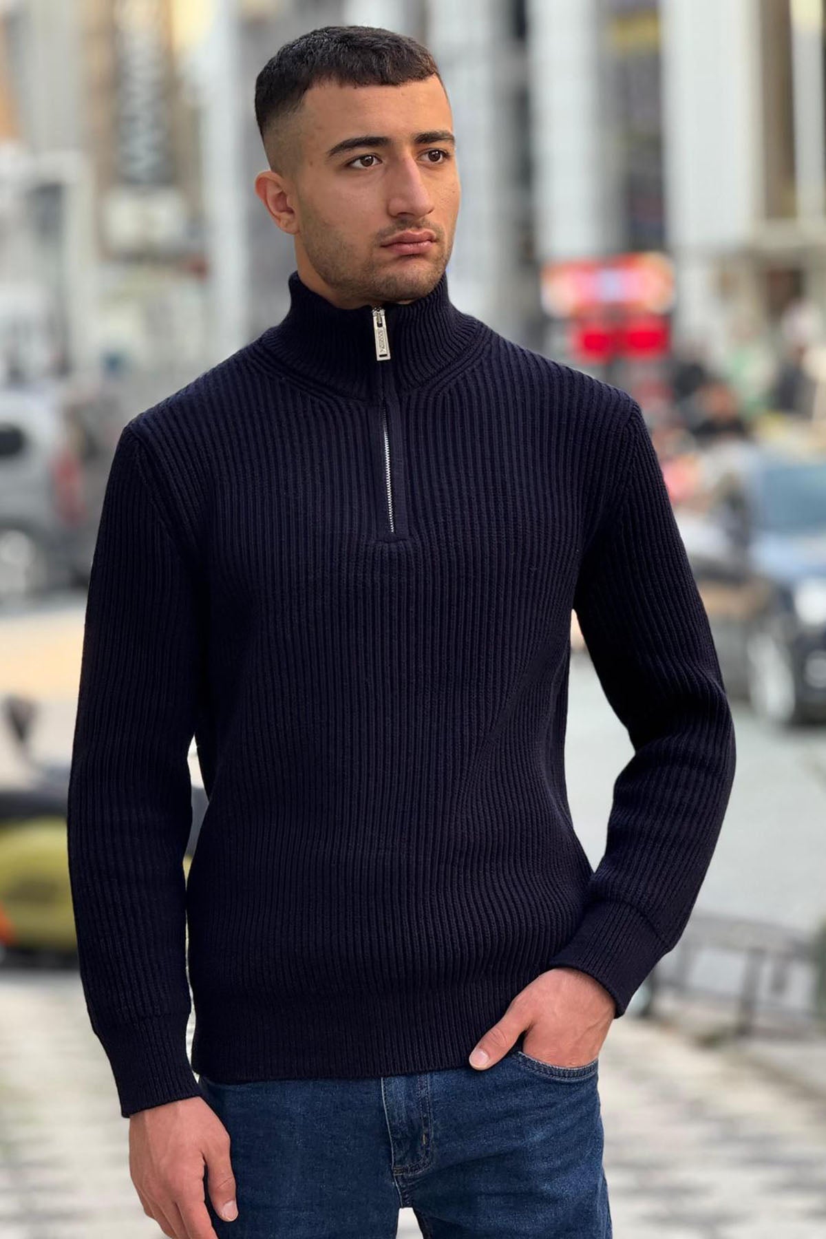 X-5003 Men’s Navy Half-Zip Ribbed Knit Sweater