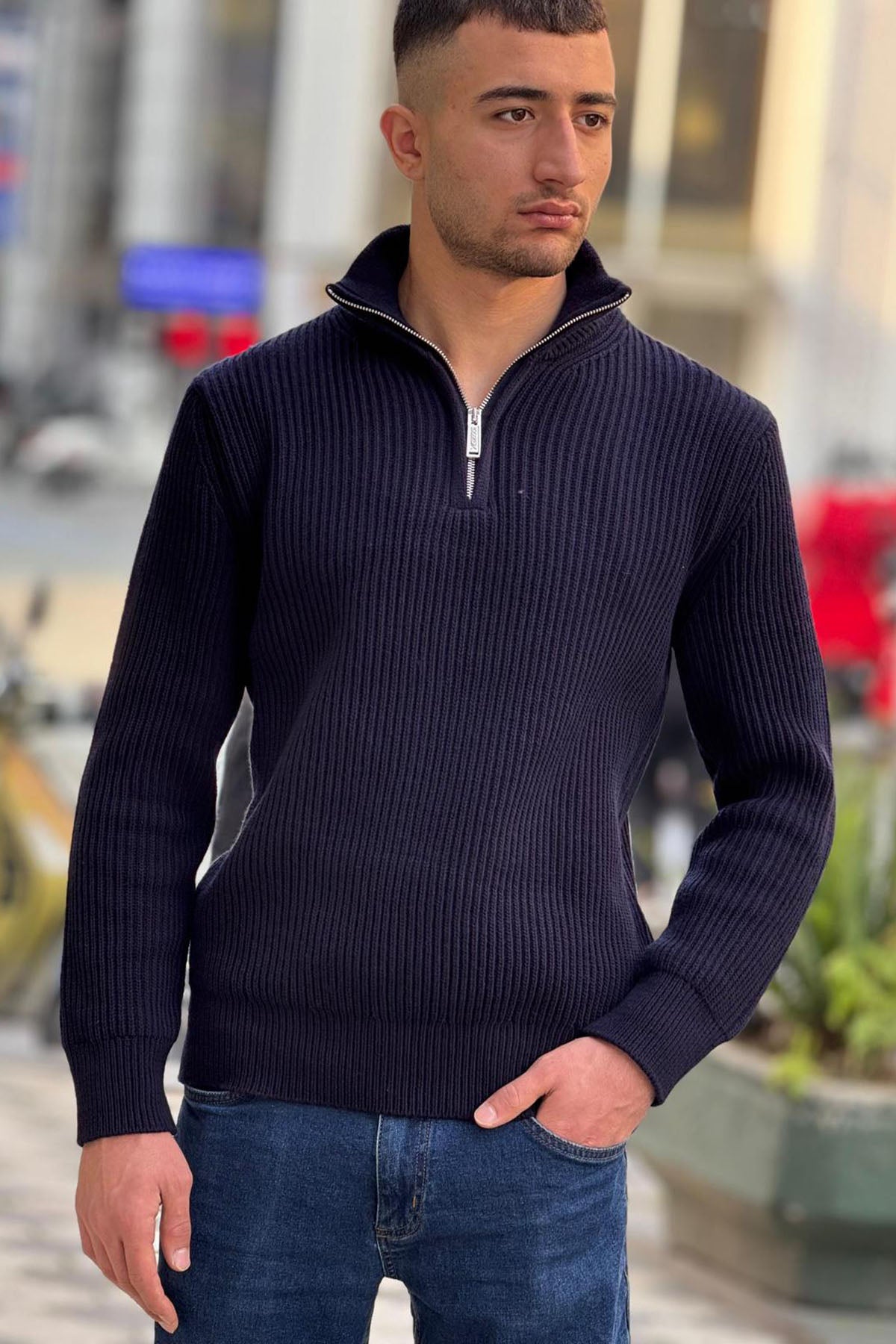 X-5003 Men’s Navy Half-Zip Ribbed Knit Sweater