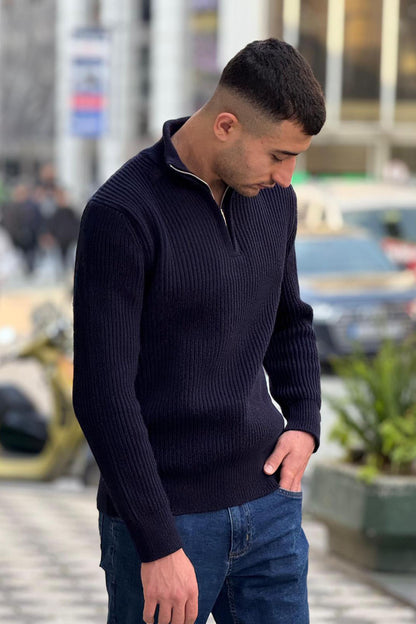 X-5003 Men’s Navy Half-Zip Ribbed Knit Sweater