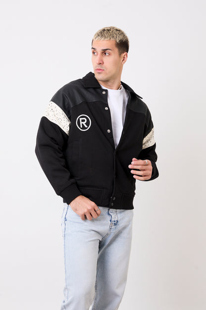 X-2005 Men’s Varsity Jacket with Front & Back Embroidery – Faux Leather Trim, Brushed Fleece Lined