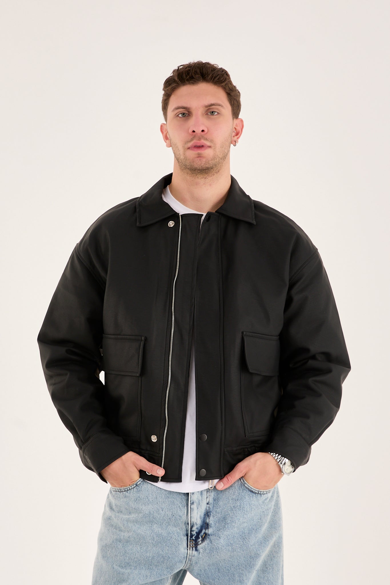 X-2014 Men’s Vegan Leather Zip Jacket with Flap Pockets – Black