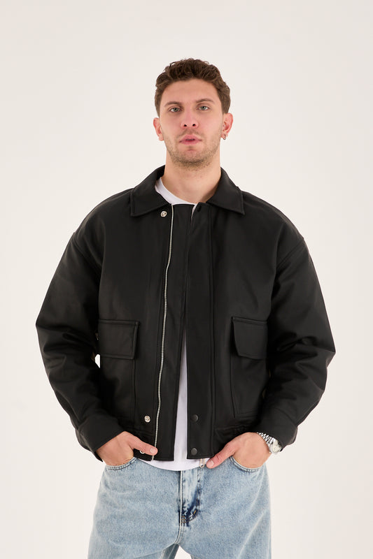 X-2014 Men’s Vegan Leather Zip Jacket with Flap Pockets – Black