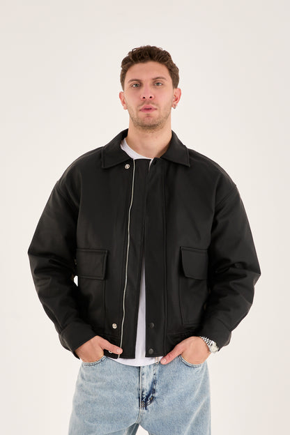 X-2014 Men’s Vegan Leather Zip Jacket with Flap Pockets – Black