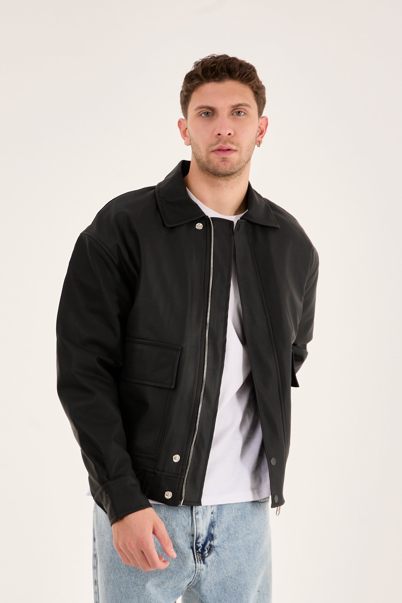X-2014 Men’s Vegan Leather Zip Jacket with Flap Pockets – Black