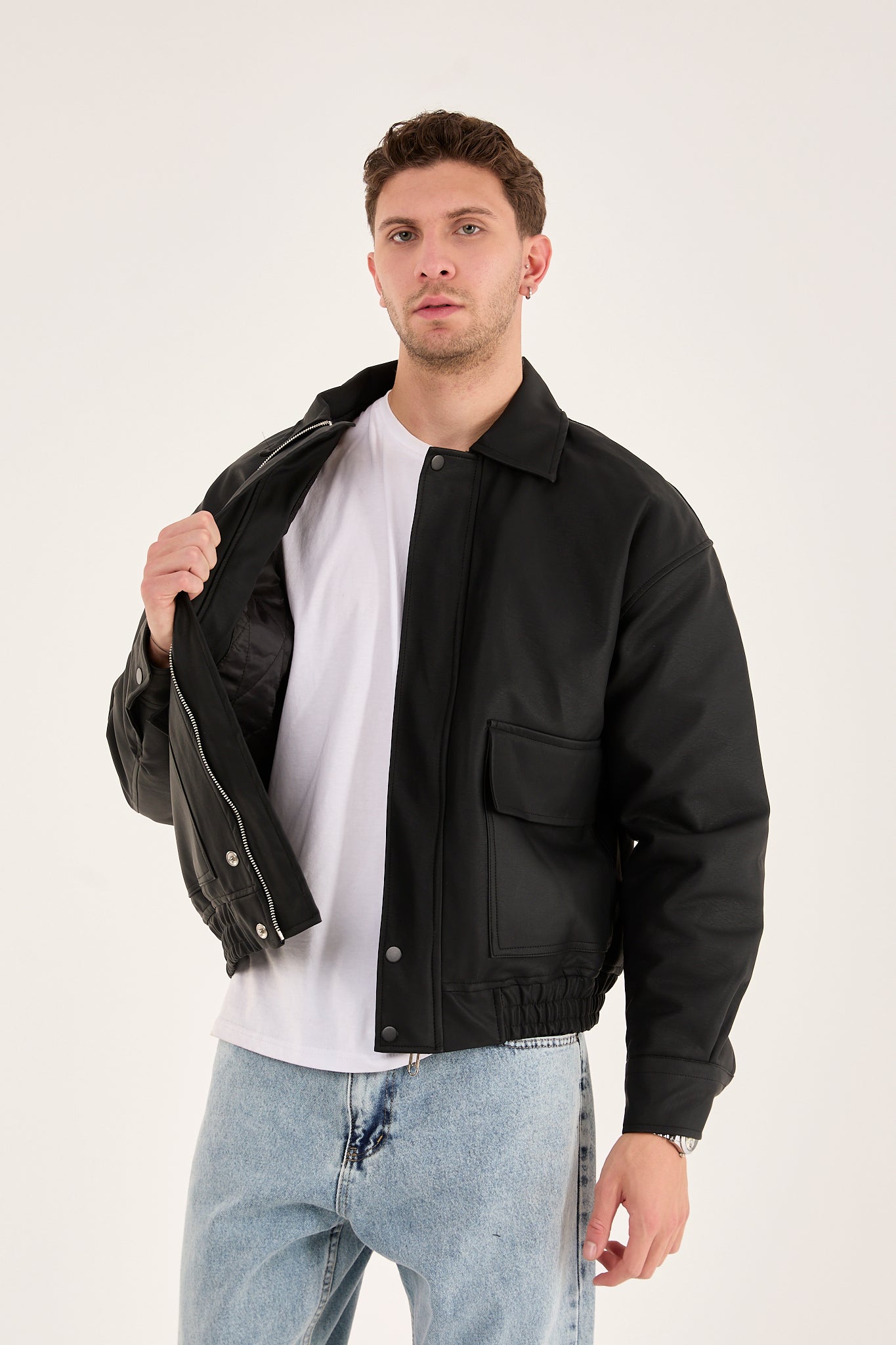 X-2014 Men’s Vegan Leather Zip Jacket with Flap Pockets – Black