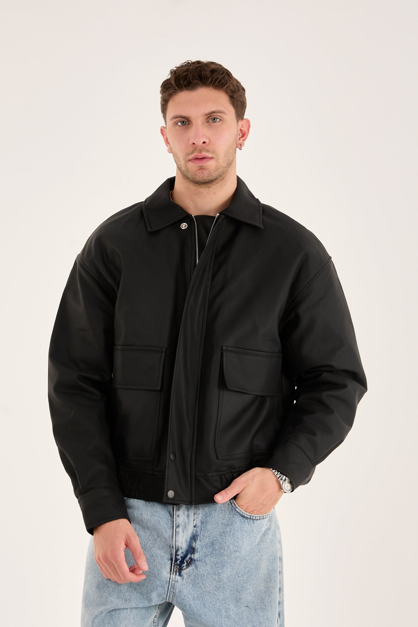 X-2014 Men’s Vegan Leather Zip Jacket with Flap Pockets – Black