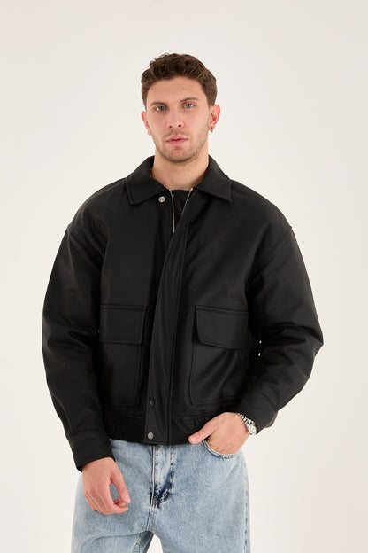 X-2014 Men’s Vegan Leather Zip Jacket with Flap Pockets – Black
