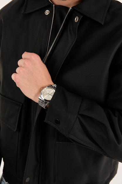 X-2014 Men’s Vegan Leather Zip Jacket with Flap Pockets – Black