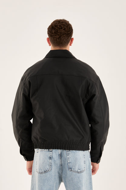 X-2014 Men’s Vegan Leather Zip Jacket with Flap Pockets – Black