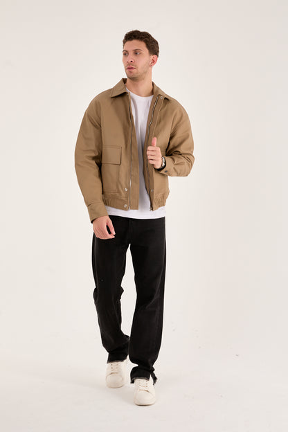 X-2014 Men’s Taupe Vegan Leather Bomber Jacket – Oversized Fit