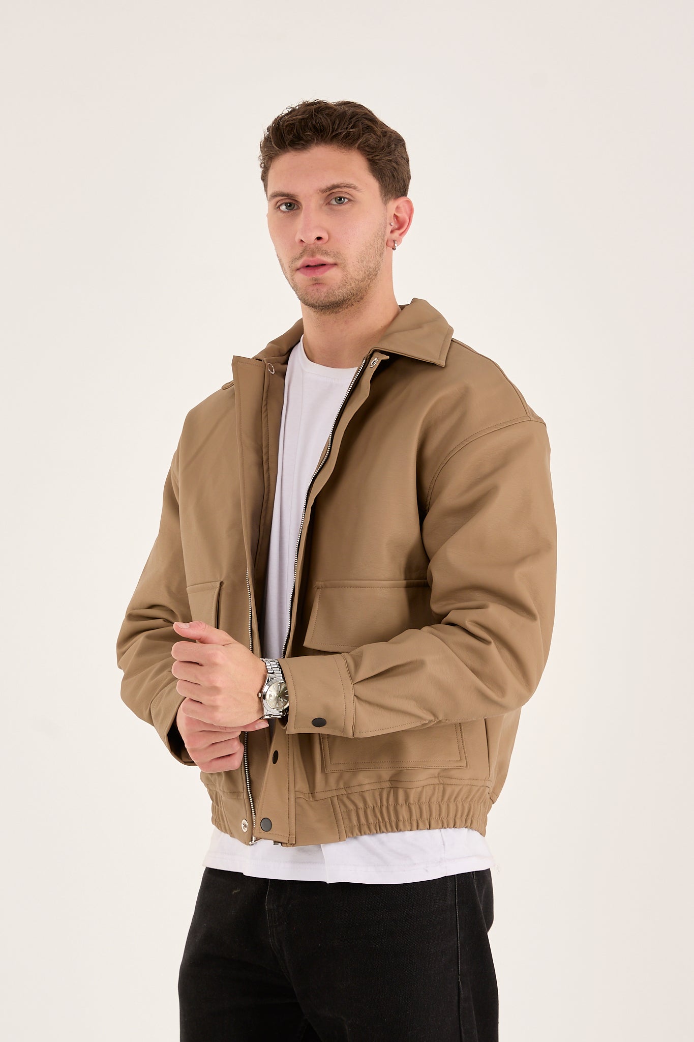 X-2014 Men’s Taupe Vegan Leather Bomber Jacket – Oversized Fit