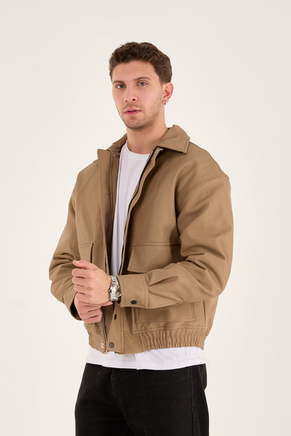 X-2014 Men’s Taupe Vegan Leather Bomber Jacket – Oversized Fit
