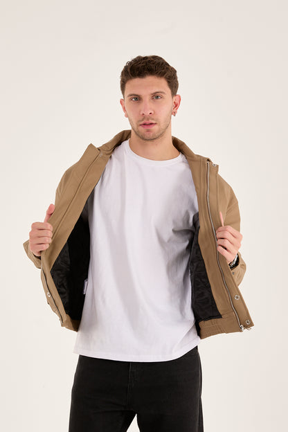 X-2014 Men’s Taupe Vegan Leather Bomber Jacket – Oversized Fit