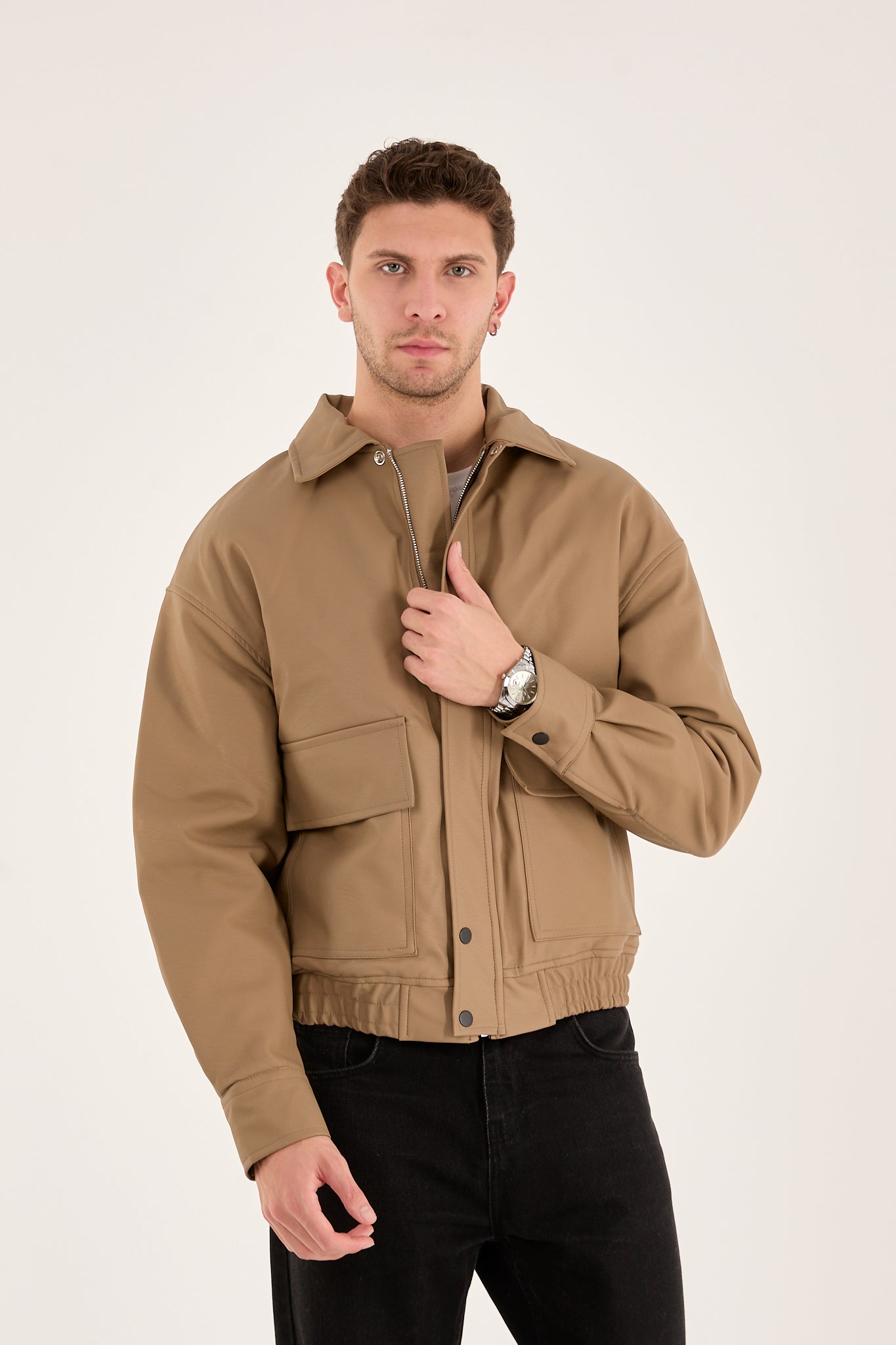 X-2014 Men’s Taupe Vegan Leather Bomber Jacket – Oversized Fit