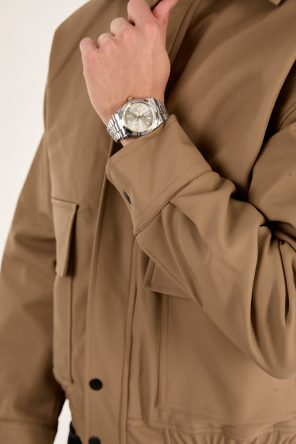 X-2014 Men’s Taupe Vegan Leather Bomber Jacket – Oversized Fit