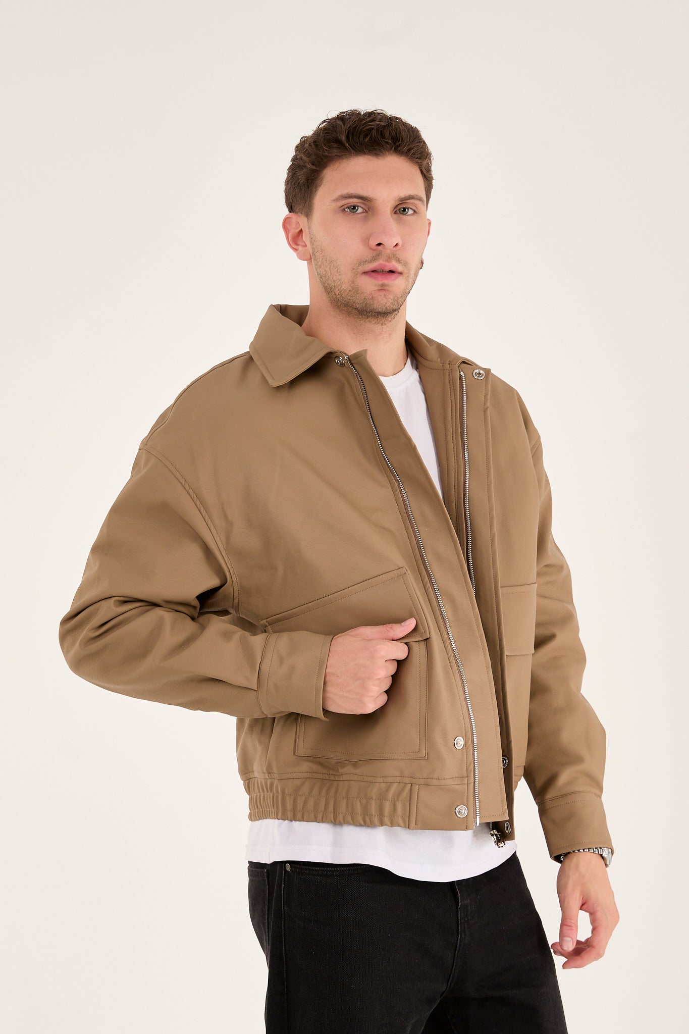 X-2014 Men’s Taupe Vegan Leather Bomber Jacket – Oversized Fit