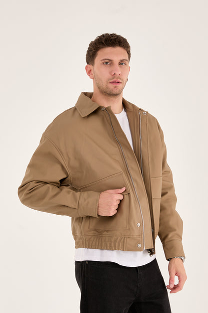 X-2014 Men’s Taupe Vegan Leather Bomber Jacket – Oversized Fit