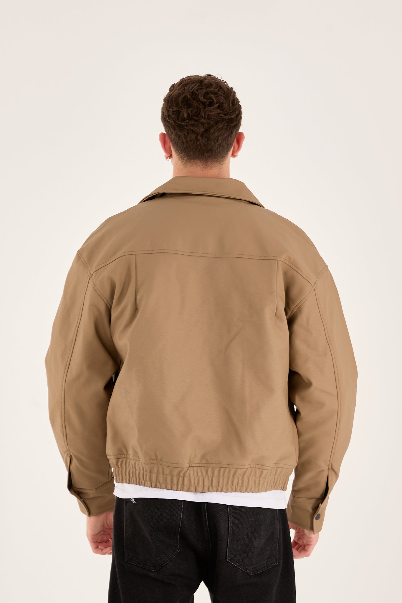 X-2014 Men’s Taupe Vegan Leather Bomber Jacket – Oversized Fit