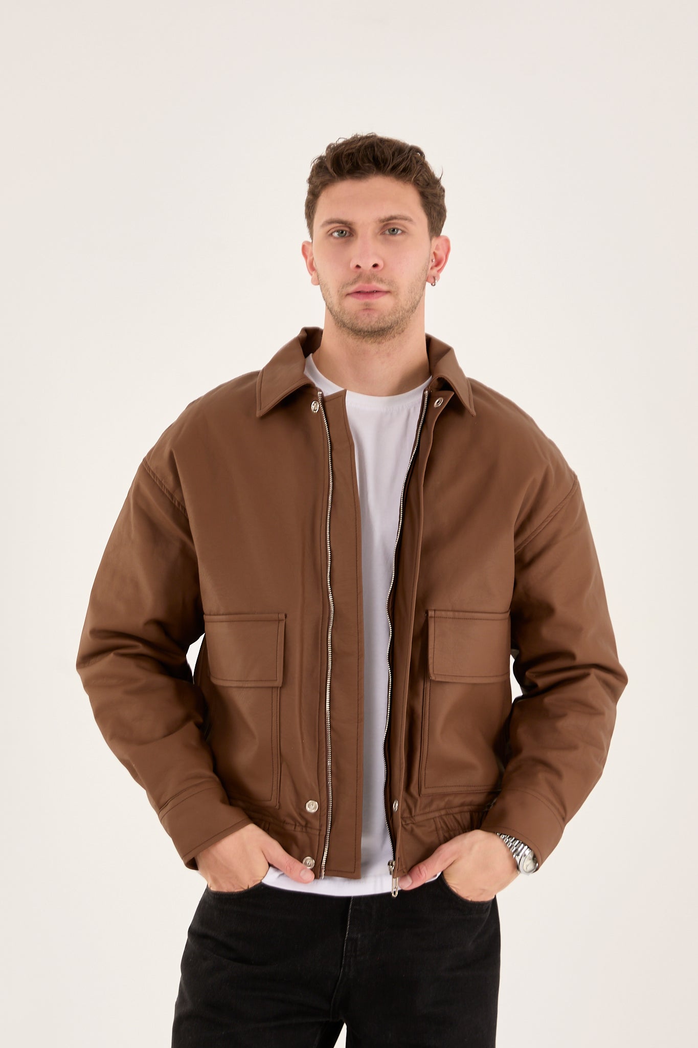 X-2014 Men’s Vegan Leather Bomber Jacket – Brown | Oversized Fit with Quilted Polyester Lining
