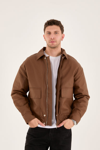 X-2014 Men’s Vegan Leather Bomber Jacket – Brown | Oversized Fit with Quilted Polyester Lining