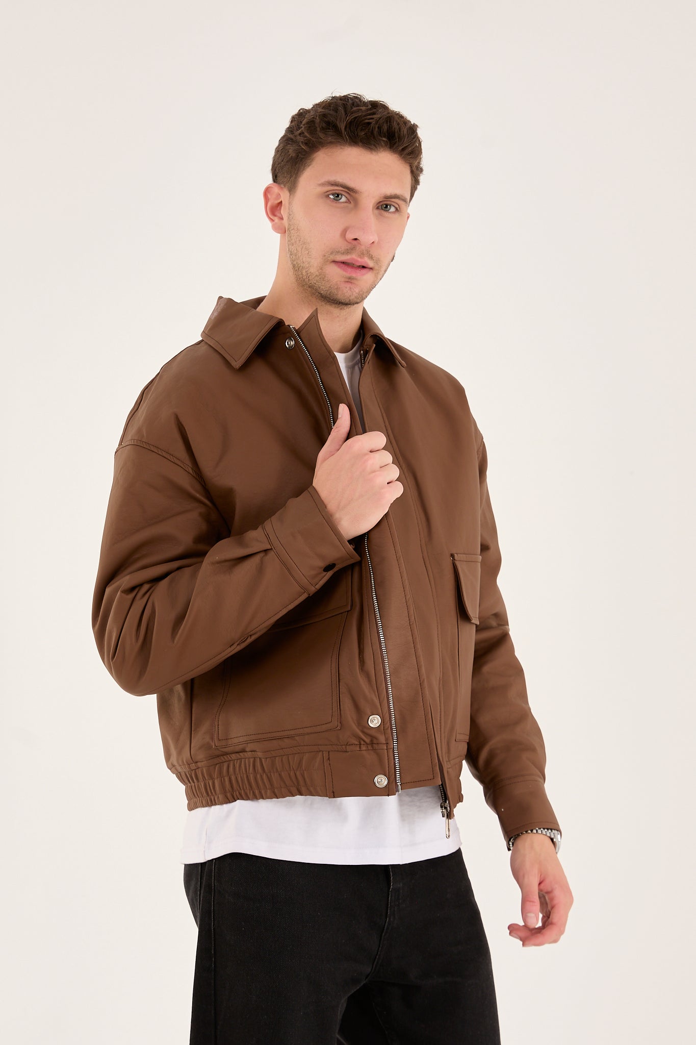 X-2014 Men’s Vegan Leather Bomber Jacket – Brown | Oversized Fit with Quilted Polyester Lining