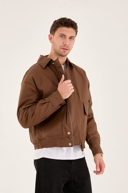 X-2014 Men’s Vegan Leather Bomber Jacket – Brown | Oversized Fit with Quilted Polyester Lining