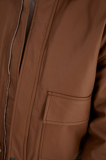 X-2014 Men’s Vegan Leather Bomber Jacket – Brown | Oversized Fit with Quilted Polyester Lining