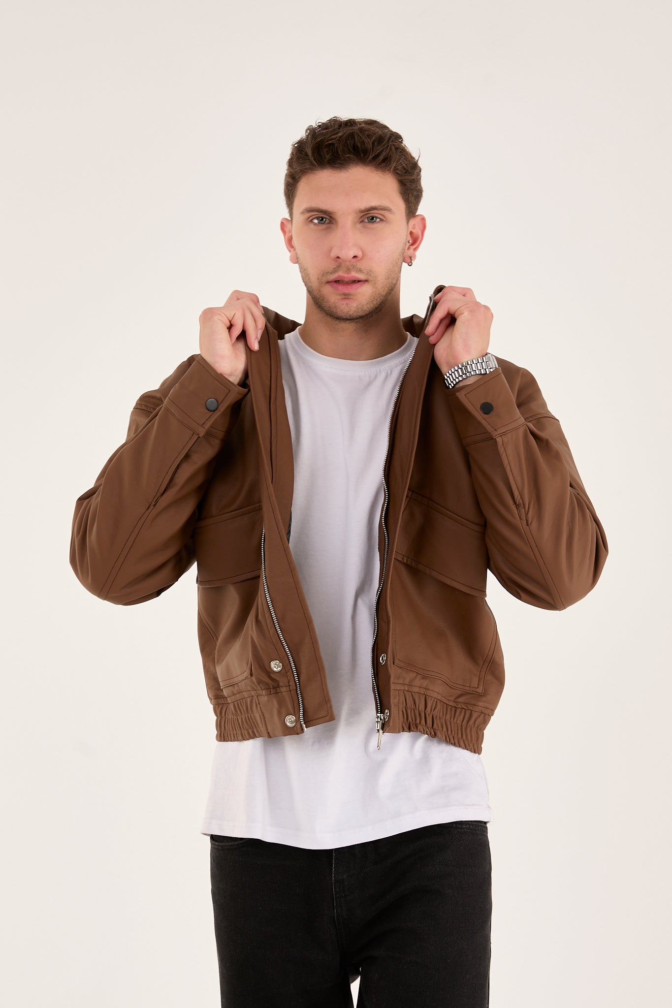 X-2014 Men’s Vegan Leather Bomber Jacket – Brown | Oversized Fit with Quilted Polyester Lining