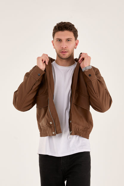 X-2014 Men’s Vegan Leather Bomber Jacket – Brown | Oversized Fit with Quilted Polyester Lining