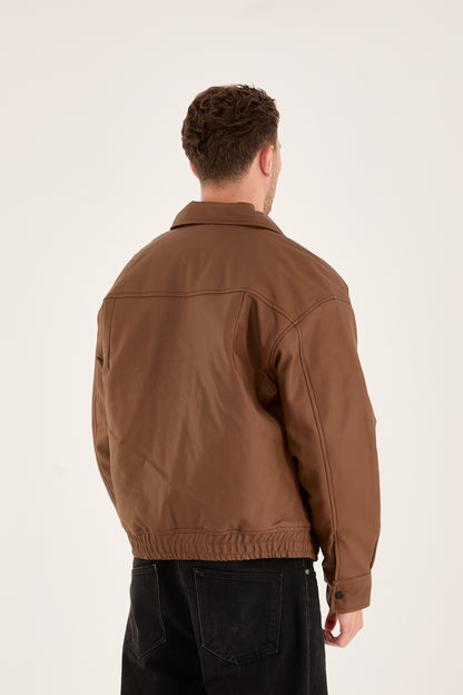 X-2014 Men’s Vegan Leather Bomber Jacket – Brown | Oversized Fit with Quilted Polyester Lining