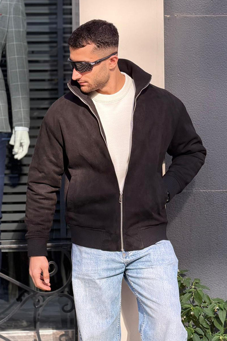 X-2021 Men’s Soft Suede Zip-Up Bomber Jacket – Blac