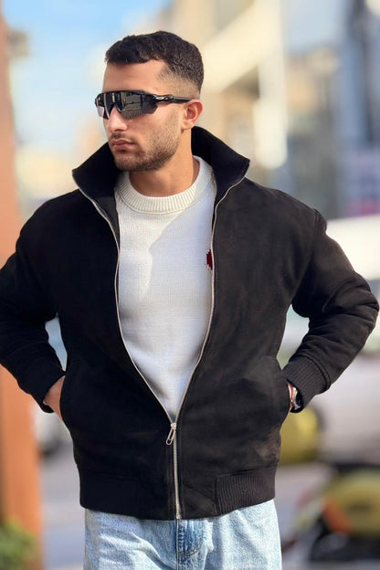 X-2021 Men’s Soft Suede Zip-Up Bomber Jacket – Blac