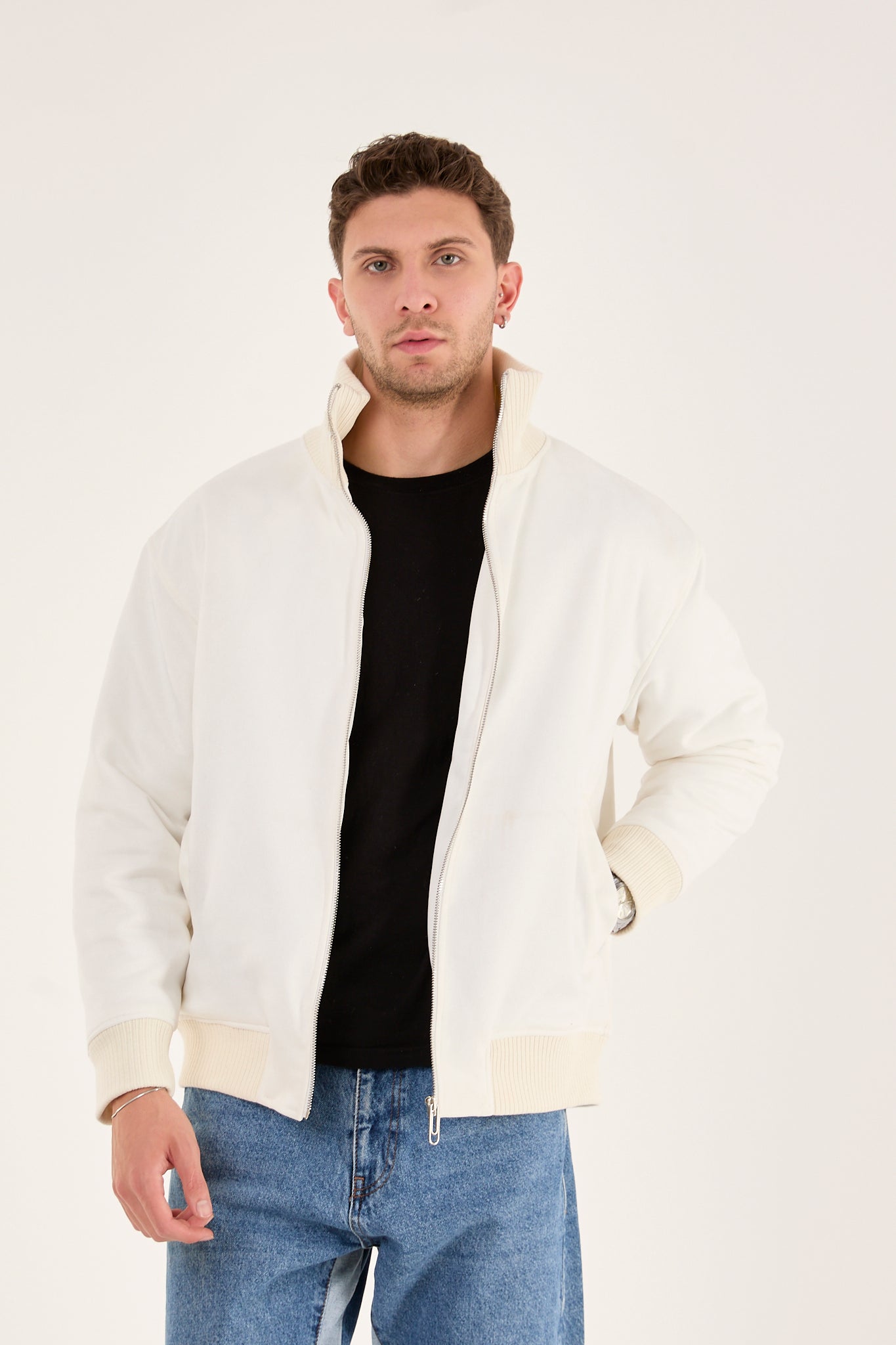 X-2021 Men’s Soft Suede Zip-Up Bomber Jacket – Off-White