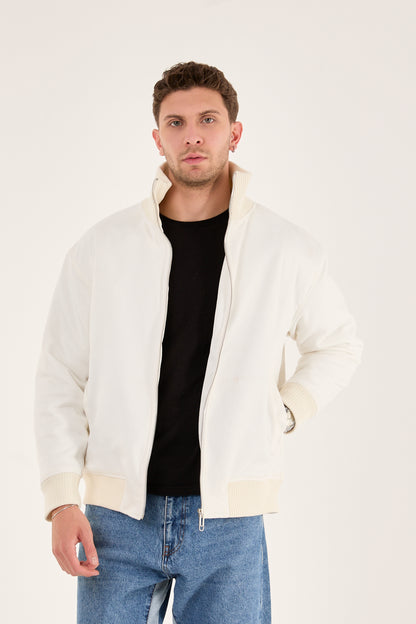 X-2021 Men’s Soft Suede Zip-Up Bomber Jacket – Off-White