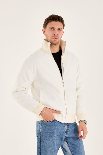 X-2021 Men’s Soft Suede Zip-Up Bomber Jacket – Off-White