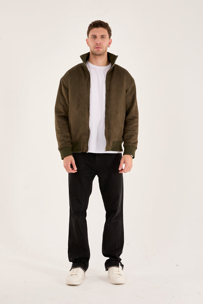 X-2021 Men’s Soft Suede Zip-Up Bomber Jacket – Olive Green