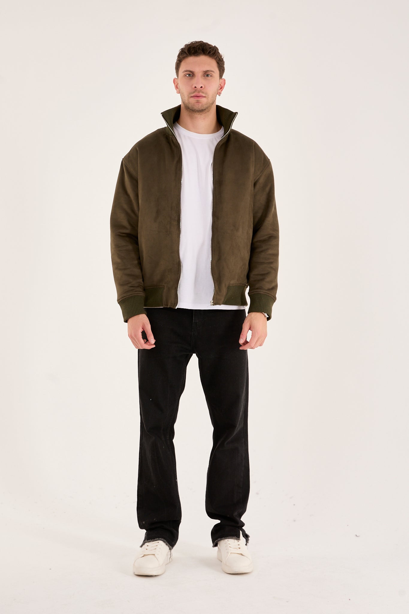 X-2021 Men’s Soft Suede Zip-Up Bomber Jacket – Olive Green