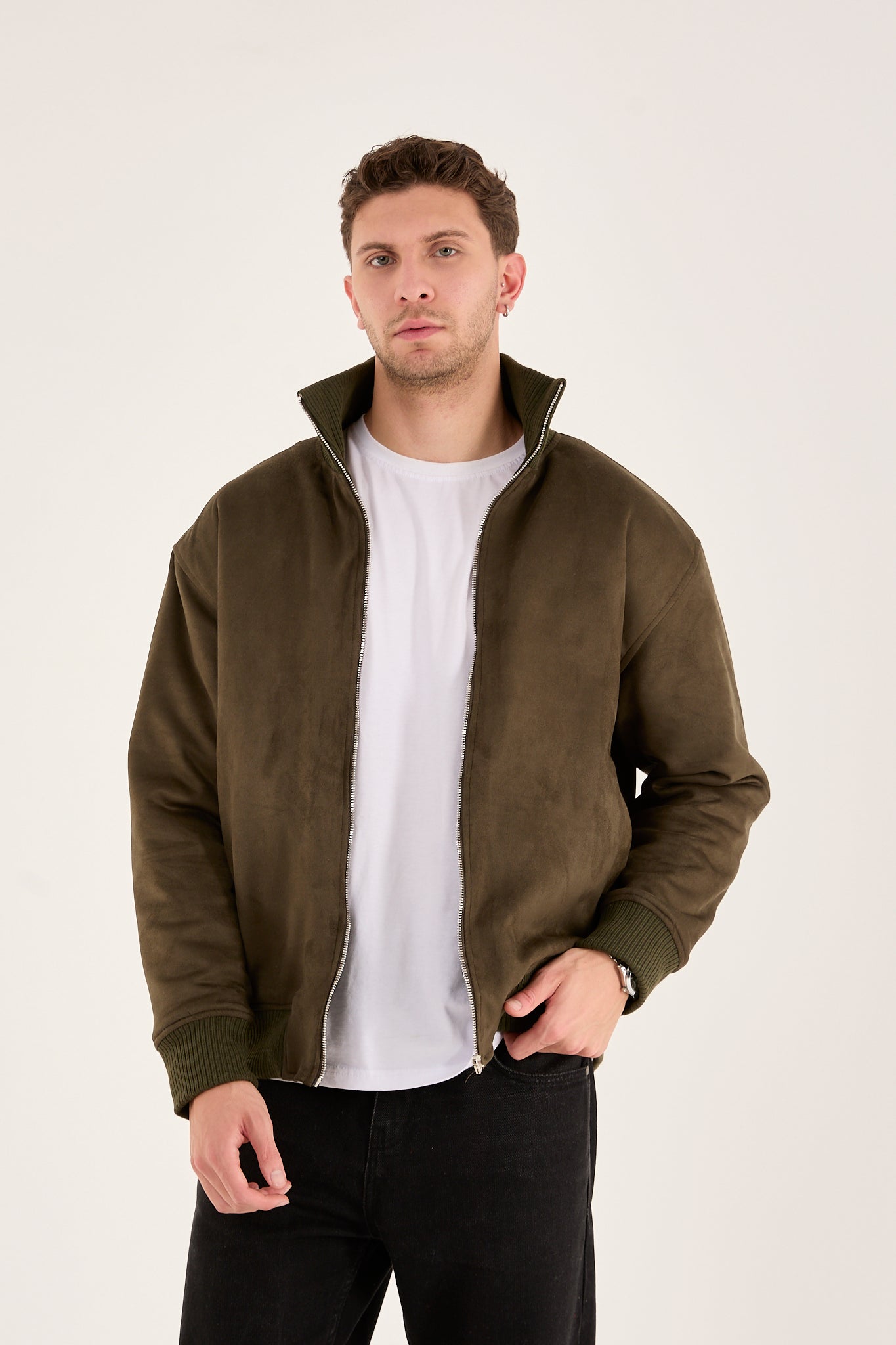 X-2021 Men’s Soft Suede Zip-Up Bomber Jacket – Olive Green