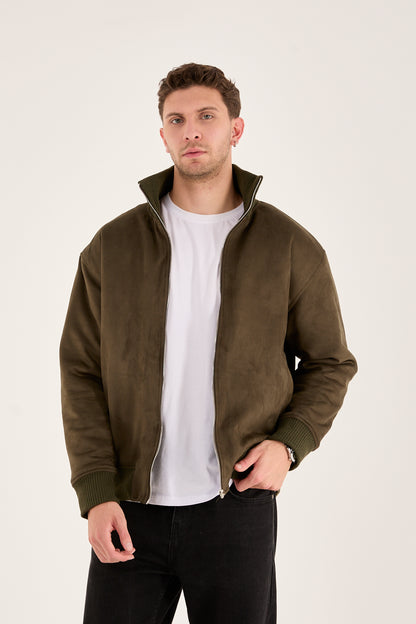 X-2021 Men’s Soft Suede Zip-Up Bomber Jacket – Olive Green