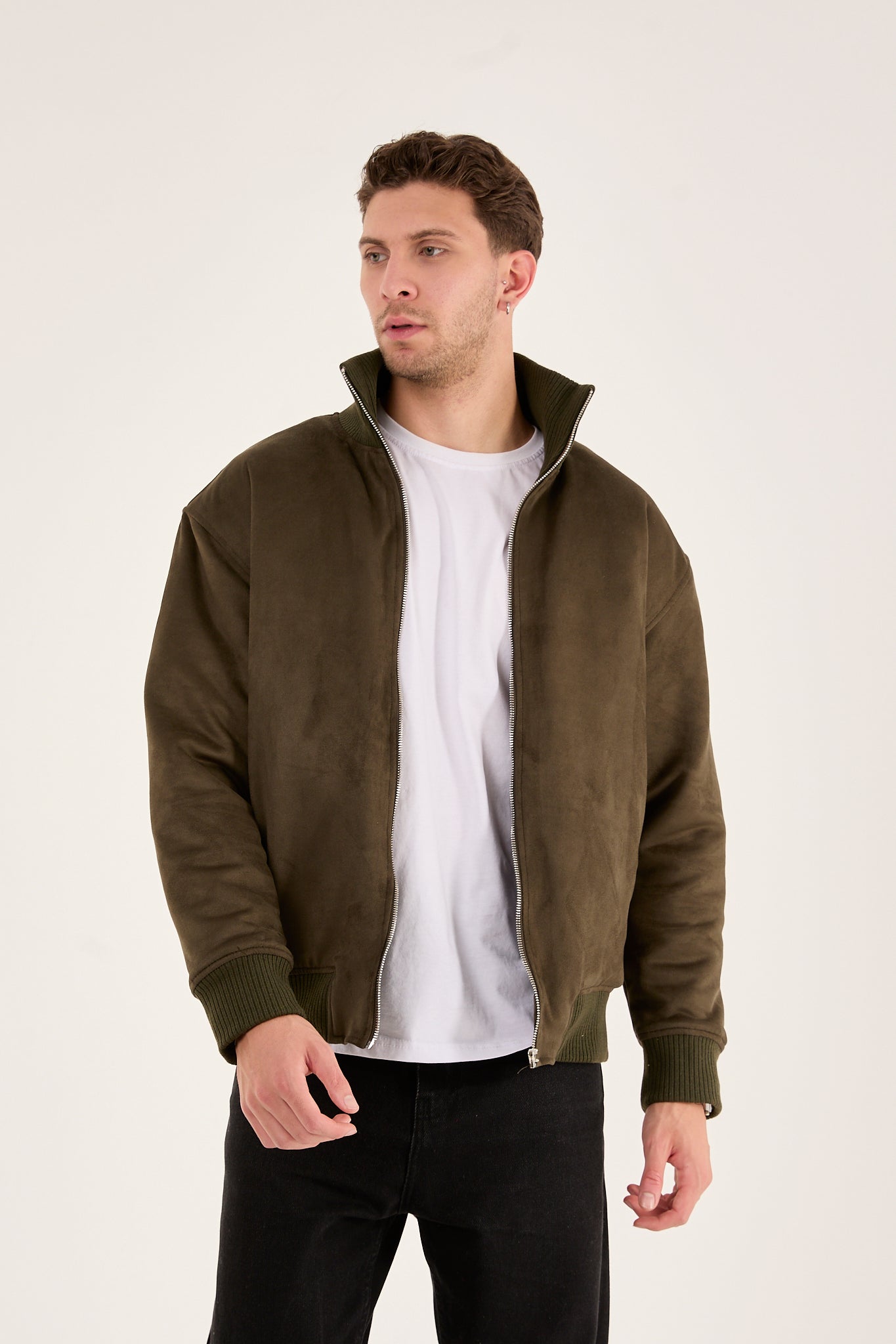 X-2021 Men’s Soft Suede Zip-Up Bomber Jacket – Olive Green