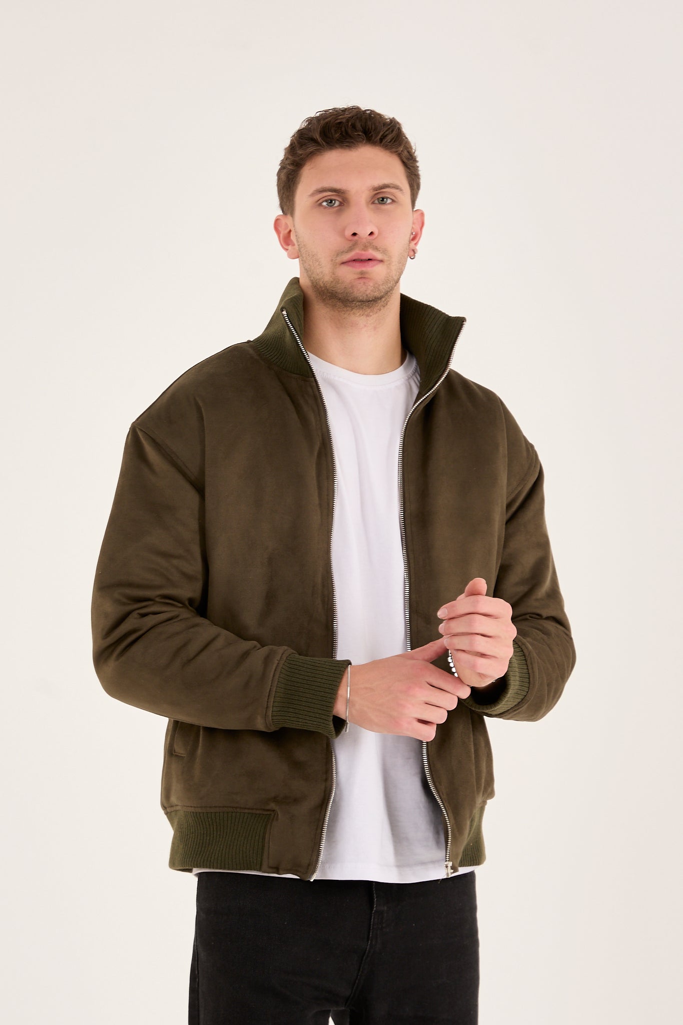 X-2021 Men’s Soft Suede Zip-Up Bomber Jacket – Olive Green