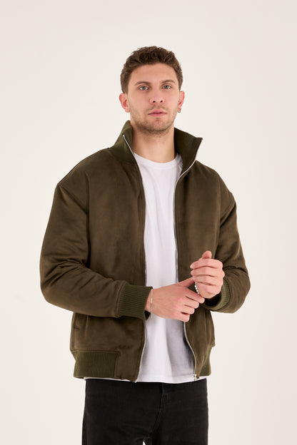 X-2021 Men’s Soft Suede Zip-Up Bomber Jacket – Olive Green