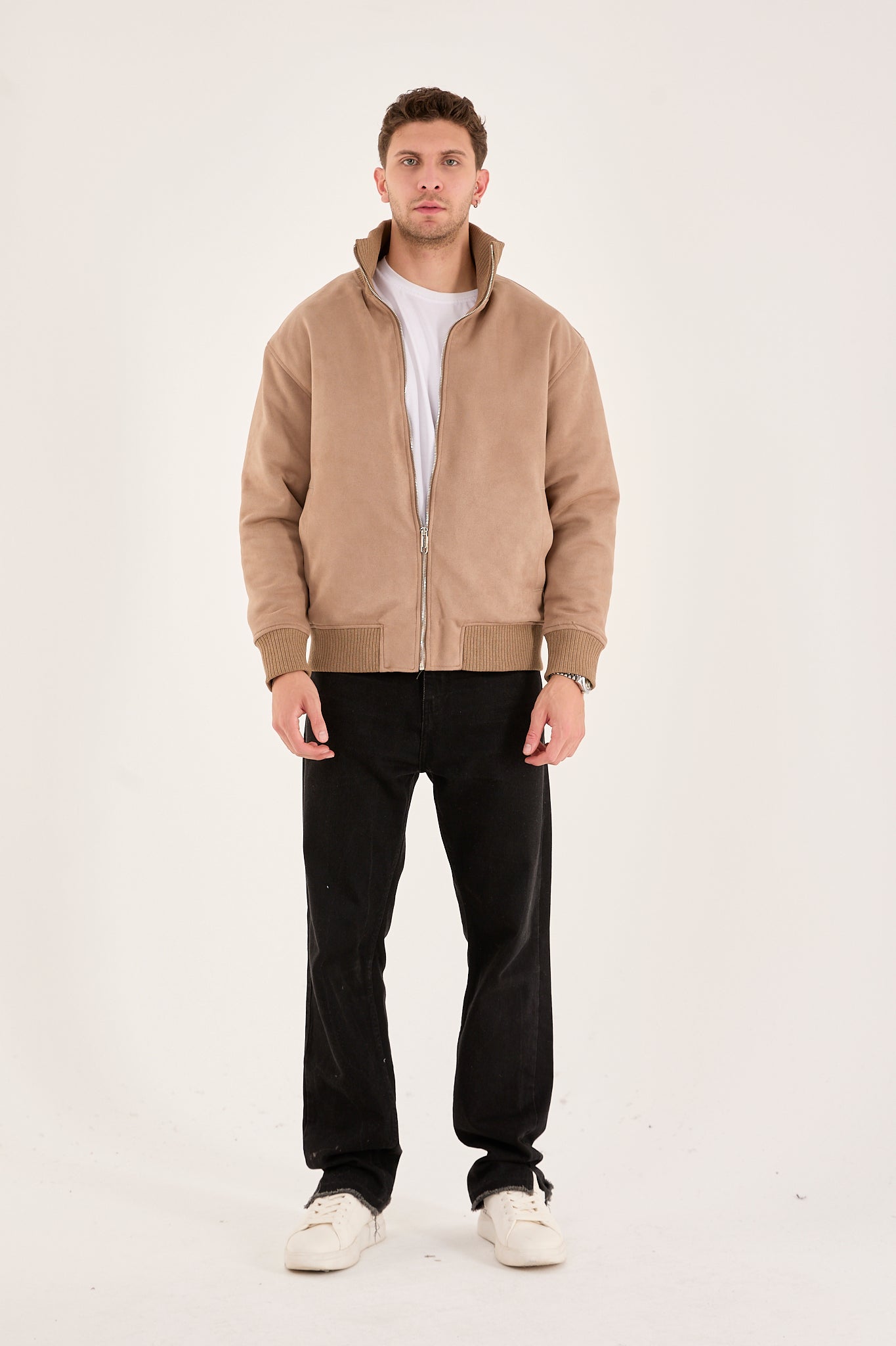 X-2021 Men’s Soft Suede Zip-Up Bomber Jacket – Beige